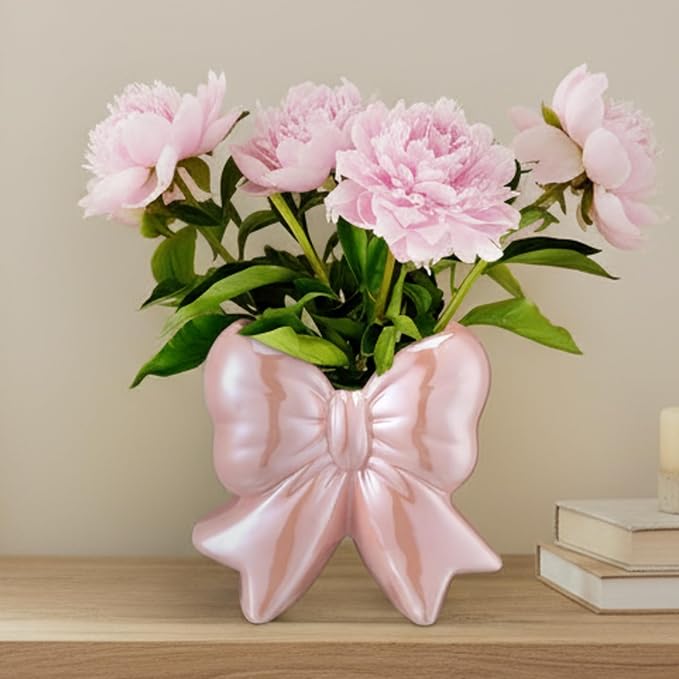 Bow Vase Coquette Ceramic Vase Pen Holder Makeup Brush Holder Contemporary Design Decorative Women Gift for Christmas Home Office Shelf Table Room(Iridescent Pink,Small,Classic)