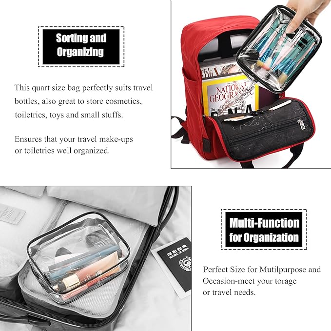 MODENGKONGJIAN TSA Approved Clear Toiletry Bag, 2 Pack Clear Quart Size Travel Makeup Cosmetic Bags with Handle Large Opening, Carry on Airport Airline Compliant Bag for Women Men (Black)