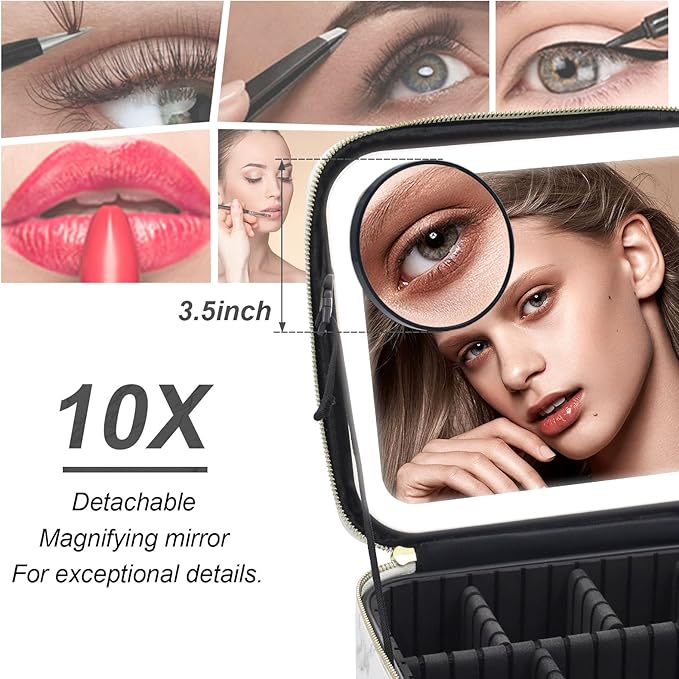 Travel Makeup Bag with Lighted Mirror, Makeup Organizer Bag with 3 Color Modes Adjustable Brightness, Makeup Bag with Mirror and Lights Portable Cosmetic Bag Tools Accessories Gift (Purple)