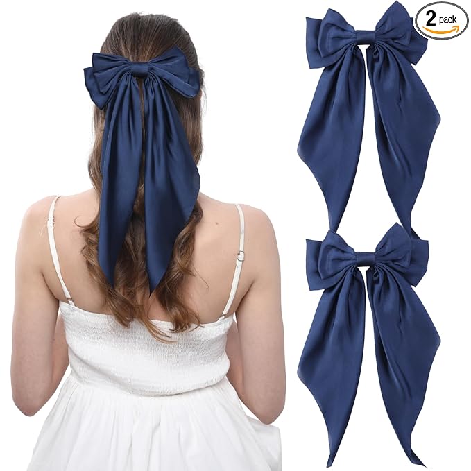 2PCS Big Hair Bow Clips for Women Girls – Navy Blue Satin Ribbon Bow Barrettes with Long Tails, Large Hair Accessories for Ponytail, Party, Wedding & Everyday Wear