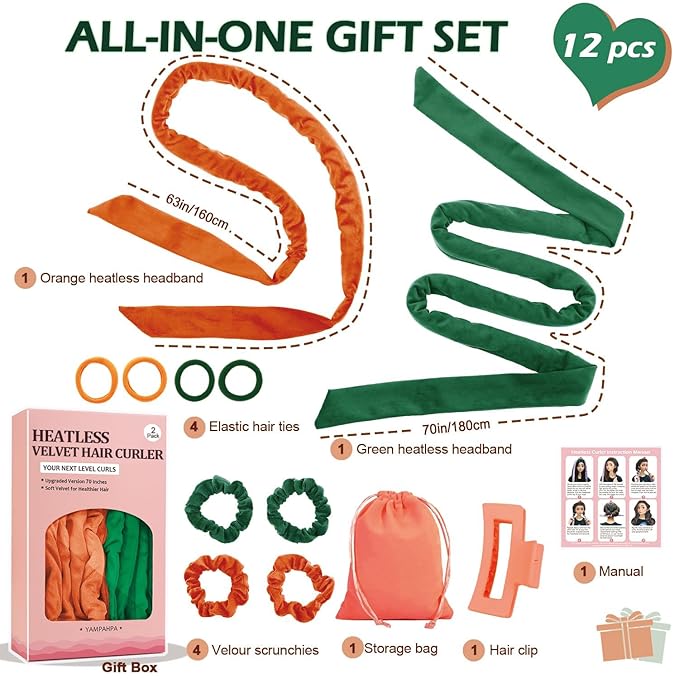 Heatless Curls Overnight Headband, 70'' No Heat Hair Curlers for Medium Long Hair, Green Orange