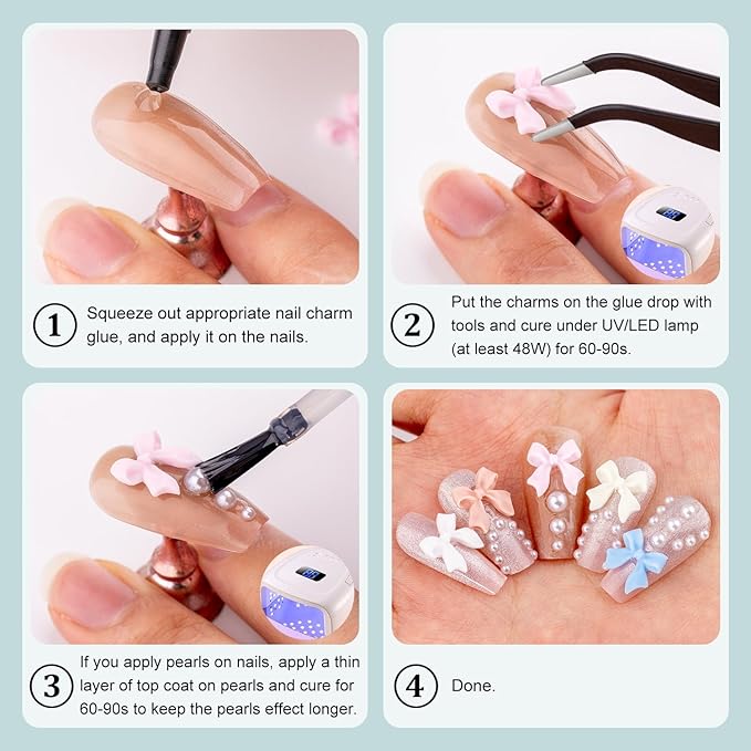 600 Pcs 3D Nail Charms and Flatback Pearls Set 5, 8 Colors Nail Bows Charm + Pink&White Star Heart Moon Cute Nail Jewels + 2-4mm White Nail Pearls for Nail Art DIY Decoration with Pickup Tools