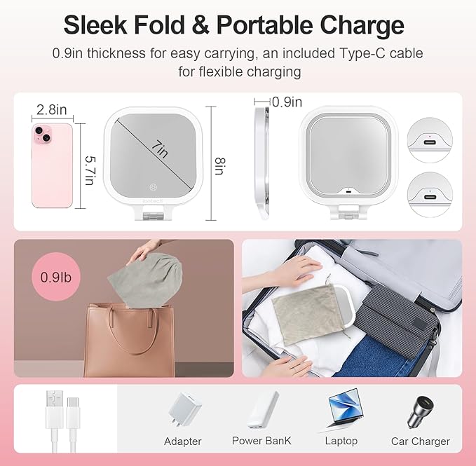 ION 7in Travel Magnifying Mirror with Light,1x/10x Makeup Mirror with Magnification,2500mAh Battery Double Sided Vanity Mirror,3 Color Light,Brightness Adjustment Memory,Folding Stand (Pink)