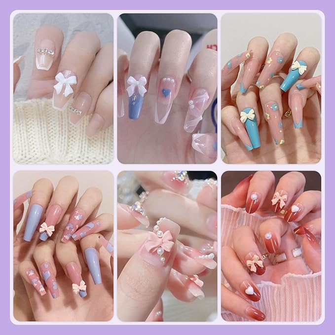 1 Box 3D Bow Charms & Flatback Pearls Set - 120 Pcs Cute Bow Charms in 6 Colors + 2-4mm White Nail Pearls with Pickup Tweezer & Pencil for Nail Art Decoration