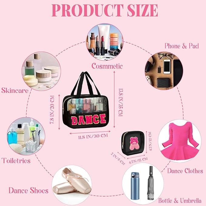 2 Pcs Chenille Letter Bags for Dance Recital Gifts Small Ballet Dance Makeup Bag with Handle and Zipper Waterproof Nylon Portable Toiletry Bag, Dance Competition Must Haves