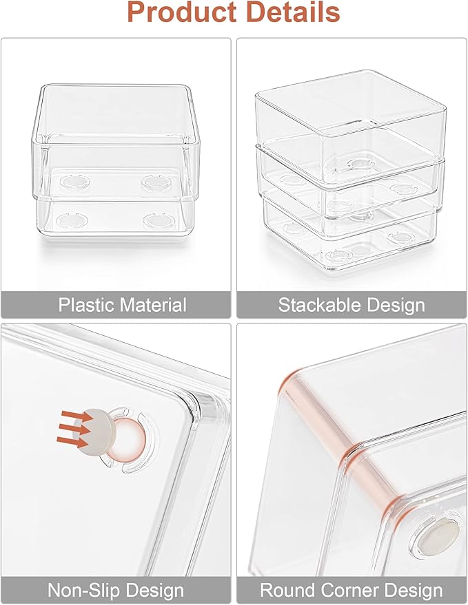 SMARTAKE 16-Piece Drawer Organizer with Non-Slip Silicone Pads, 5-Size Desk Storage Tray for Makeup, Jewelries, Utensils in Bedroom Dresser, Office and Kitchen, Clear
