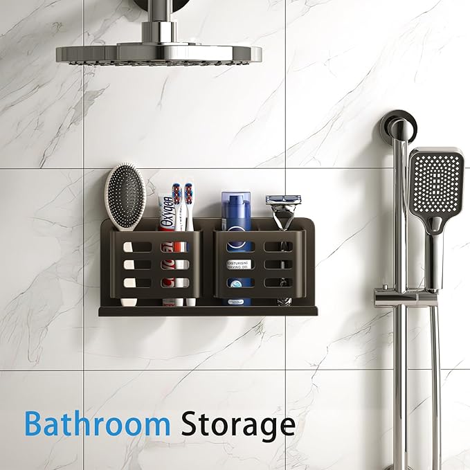 Aluminum Toothbrush Holder Self-Adhesive Hanging Bracket Shower Toothbrush Razor Holder Suitable for Toothbrush, Toothpaste, Razor and Comb etc Bathroom Storage