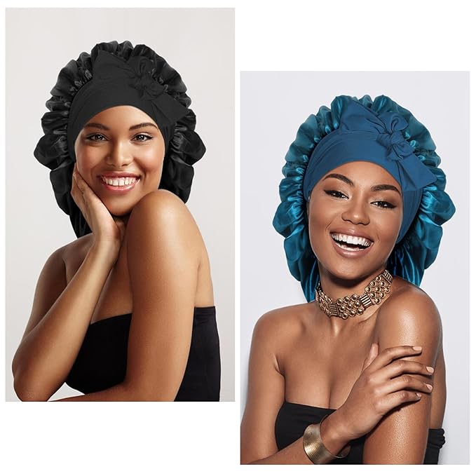 Arqumi 2 Pcs Satin Silk Bonnet for Sleeping Women, Large Long Strap Tie Band Adjustable Sleep Night Cap Hair Bonnet Wrap for Men, Black+Hole Blue