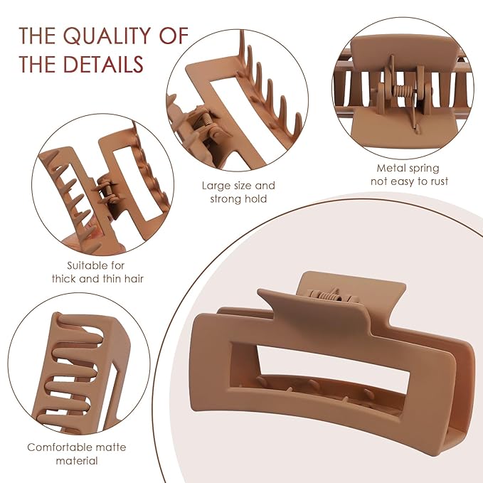 8 Pcs Large Hair Claw Clips 4.1 Inch Non-slip Big Square Matte Hair Claws for Women, Strong Hold Banana Clip for Thick Thin Hair(White/Khaki)