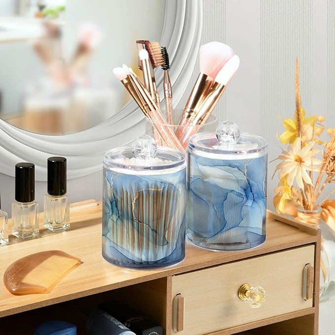 2 Pack Qtip Holder Dispenser Blue Marble Bathroom Storage Canister Lid Acrylic Plastic Apothecary Jar Set Vanity Makeup Organizer for Cotton Swabs/Pads/Floss