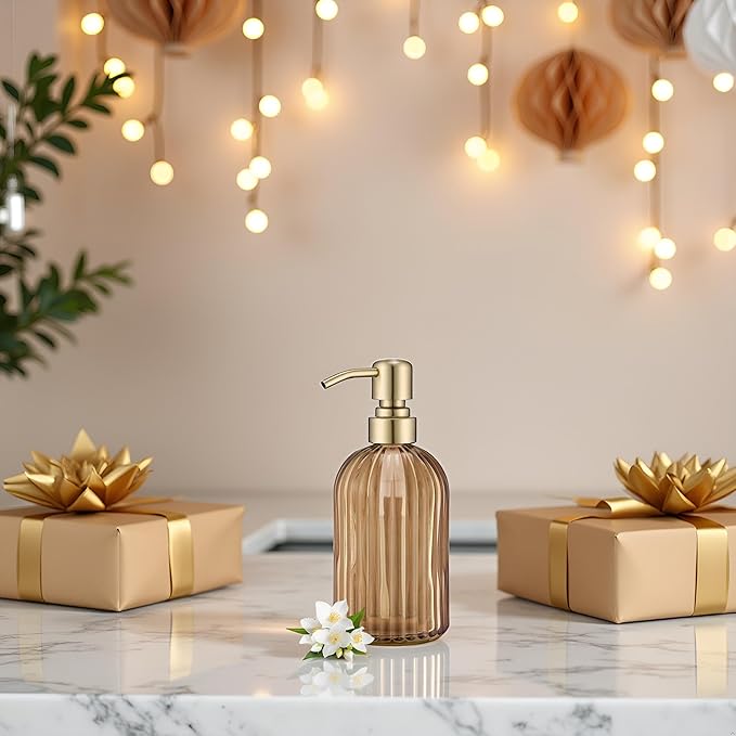 16 OZ Amber Glass Soap Dispenser, Amber Stripe Bathroom Hand Soap Dispensers with Stainless Steel Brushed Gold Pump,Brown Glass Kitchen Hand Soap Dispenser with Brushed Gold Pump,2 Packs