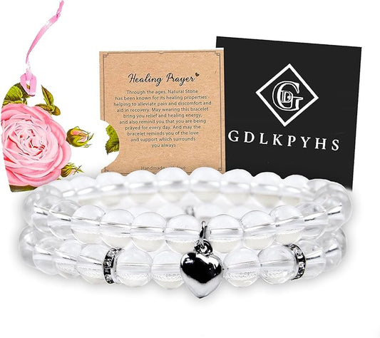 2Pcs Healing Crystal Bracelets for Women Handmade Beaded Bracelet Healing Prayers Crystal 8mm Natural Stone Beads Bracelet Stress Relief Get Well Soon Gifts