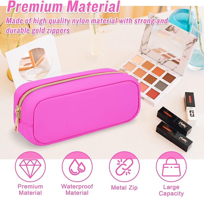 Iqimott Hot Pink Makeup Bag Nylon Small Makeup Bag, Preppy Slim Cosmetic Bag Compact Makeup Brush Pouch Toiletry Bag, Waterproof Zipper Purse Travel Coin Pouch Storage Bag for Women Girls Teens