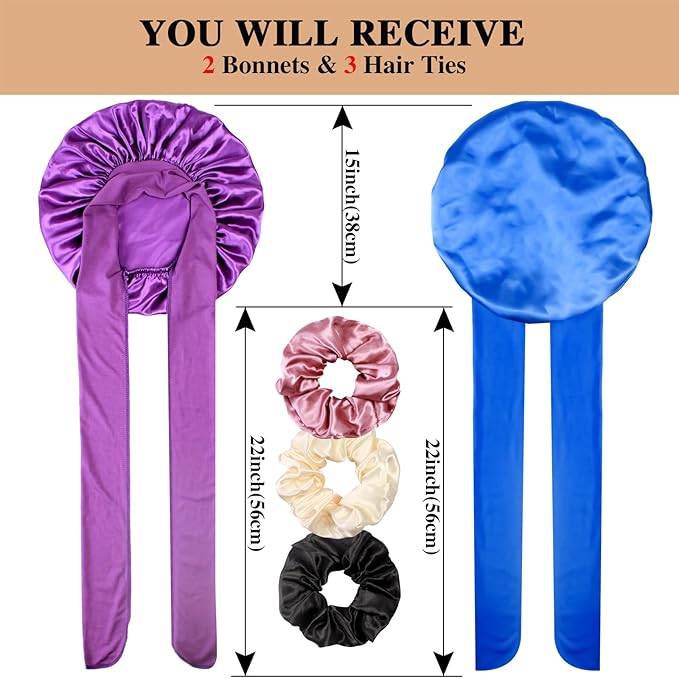2+3 Large Satin Bonnets with Scrunchies for Women, Hair Bonnet Sleeping Tie Bonnet for Braids Curly Hair