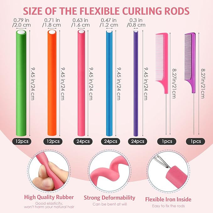 Tigeen 96 Pieces Flexible Curling Rods 9.45 Inch Soft Twist Foam Hair Curling Rollers No Heat Hair Rods Rollers with 2 Pieces Rat Tail Comb Steel Pintail Comb for Women (Multi Size,Multi Color)