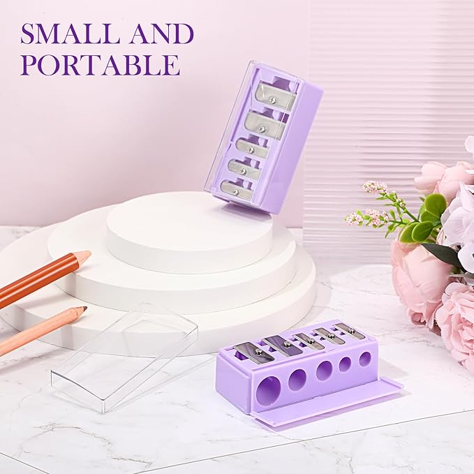 Honoson 2 Pcs 5 Hole Cosmetic Long Point Manual Pencil Sharpener with Plastic Lid Makeup Eyeliner Pencil Sharpener (Purple)