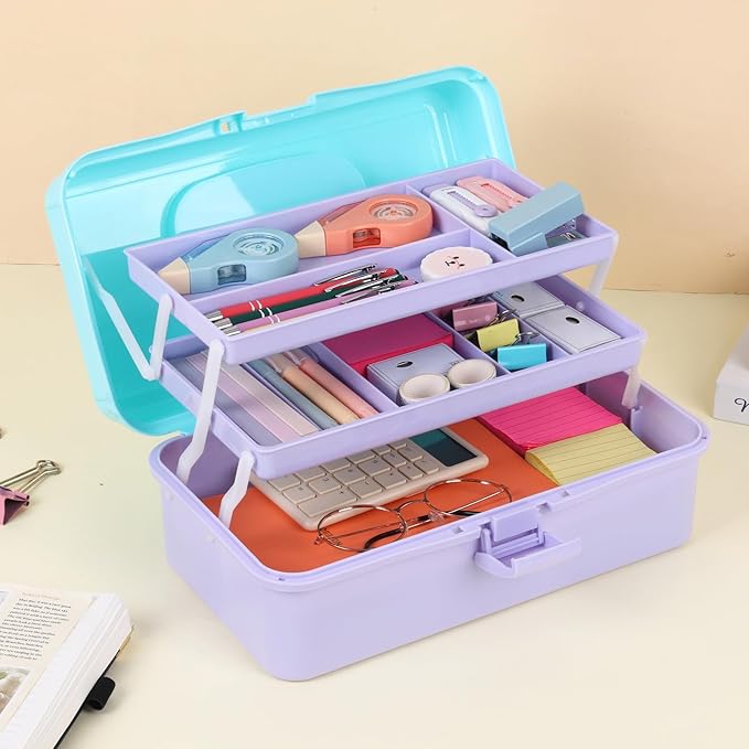 OUTUXED 12.5inch 3-Layer Multipurpose Craft Organizers, Portable Folding Toolbox, Plastic Tool Box with Handle for Sewing Supplies, Medicine, Art Supplies, Nails and Hair Accessories