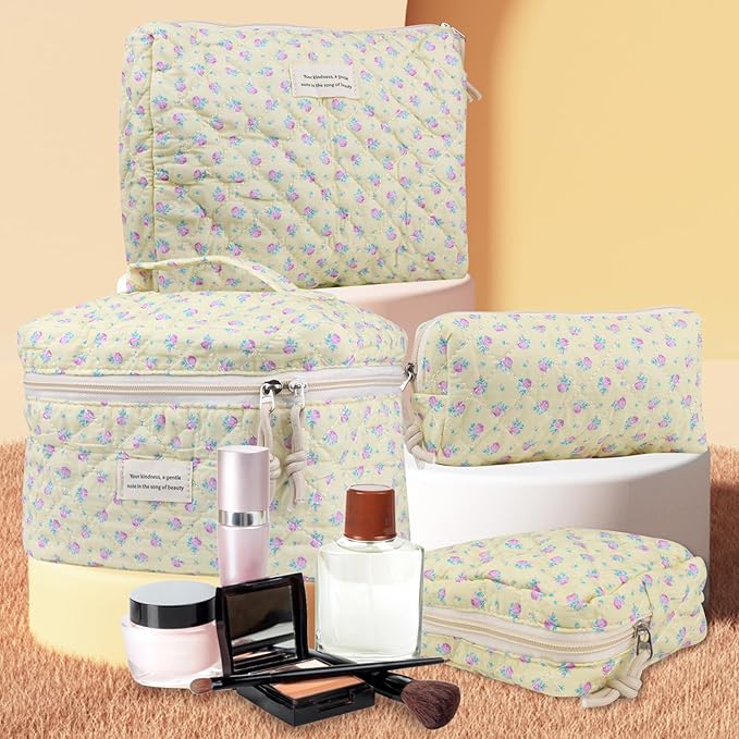 VIWIME Makeup Cosmetic Bag, Large Cotton Quilted Travel Coquette Aesthetic Cute Floral Make up Bag for Women Toiletry Bag Organizer (201- Purple Rose/ 4Pcs)