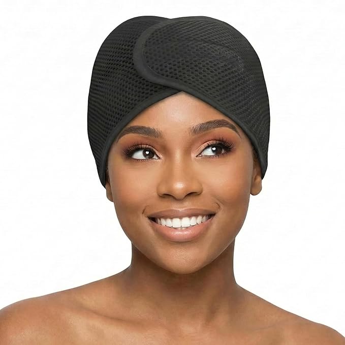 DONNA Deluxe Foam Mesh Wrap – Olive Oil + Vitamin E Treated Hair Wrap for Women, Adjustable Head Wrap, Breathable Mesh & Soft Foam Padding for Sleep or Styling, Black