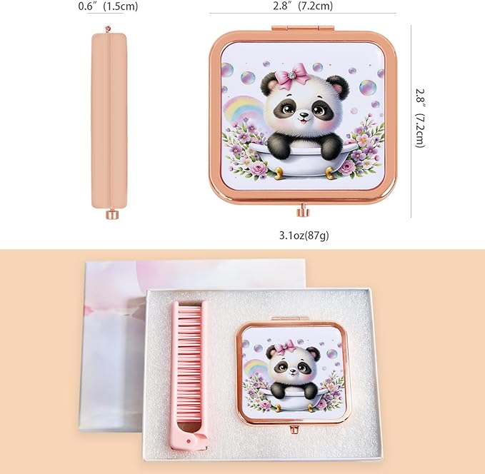 Cute Panda Travel Mirror with Comb, Double-Sided Mini Compact Makeup Mirror with 1x/2x Magnification, Rose Gold Portable Folding Mirror for Purse, Pocket & On-The-Go