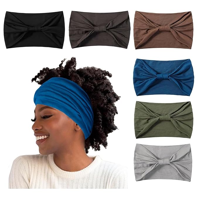 Artilady 7" Wide Headbands for Women Extra Large Stretchy Headwrap Soft Elastic Non Slip Head Bands Sports Yoga Running Hair Bands Boho Turban Hair Accessories 6 PCS