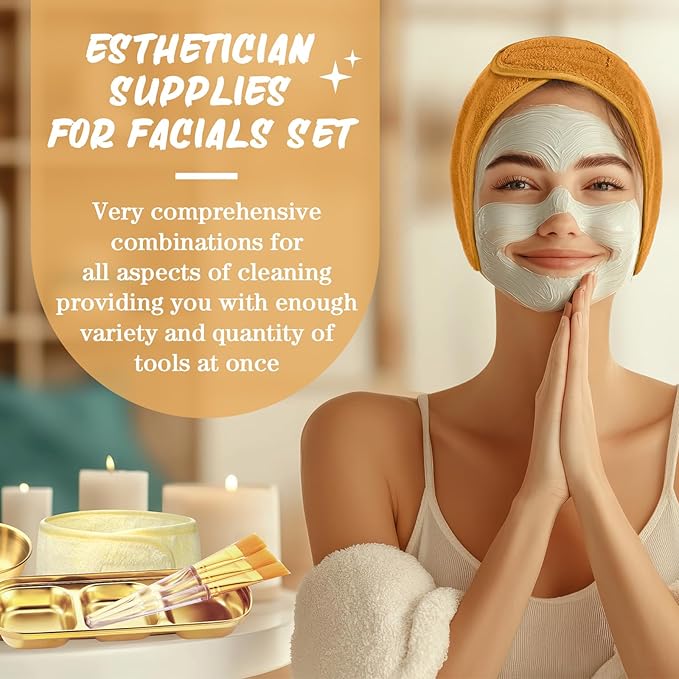 LemonRoad 25 Pcs Esthetician Facial Supplies Set, 3 Stainless Steel Mixing Bowls, 2 Serving Trays, 6 Brushes, 2 Hairbands, 12 Compressed Sponges for Women Facial Mask Spa Home Use(Gold)