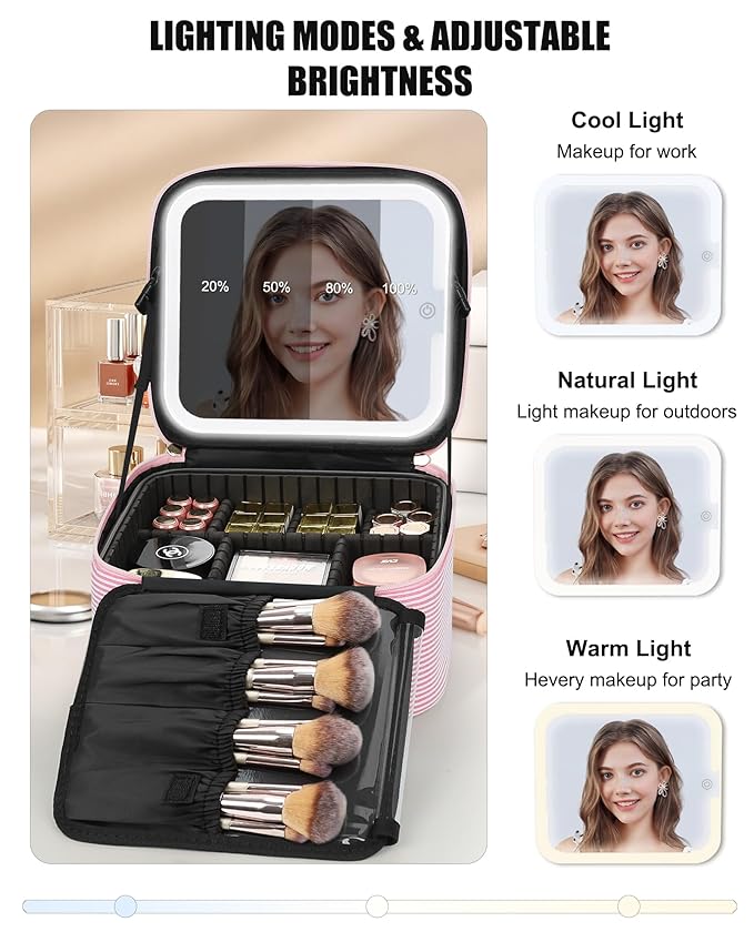 Relavel Travel Makeup Bag With LED Mirror, Portable Cosmetic Bag Organizer with Adjustable Brightness in 3 Color Scenarios, Small Cute Train Case with Detachable Dividers for Trip- Pink Strip
