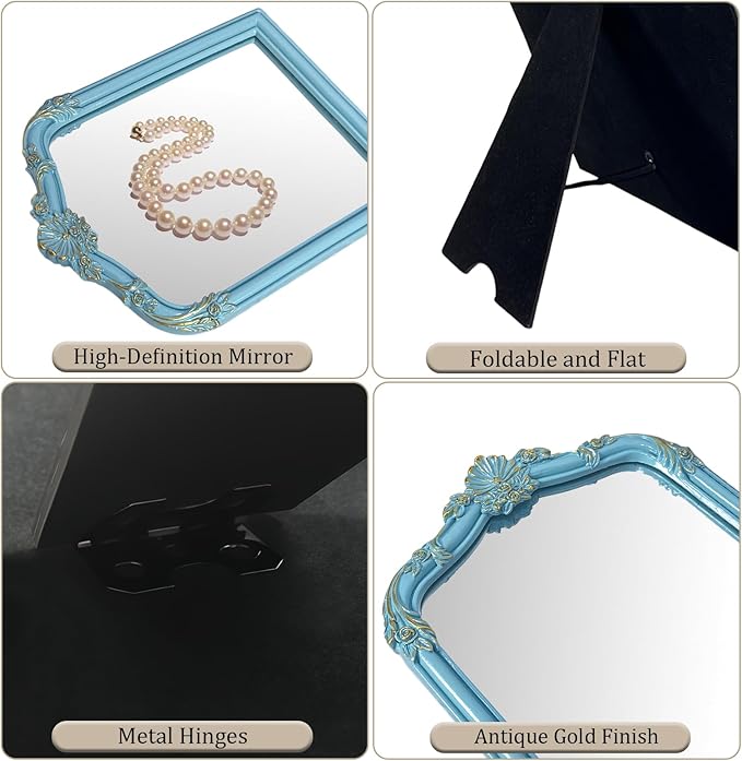 Vintage Carved Desk Mirror - 13x10 Inch Decorative Vanity Mirror for Makeup, Dorm, Bedroom & Tabletop Deco (Blue, 13" L x 10.2" W Flowers)