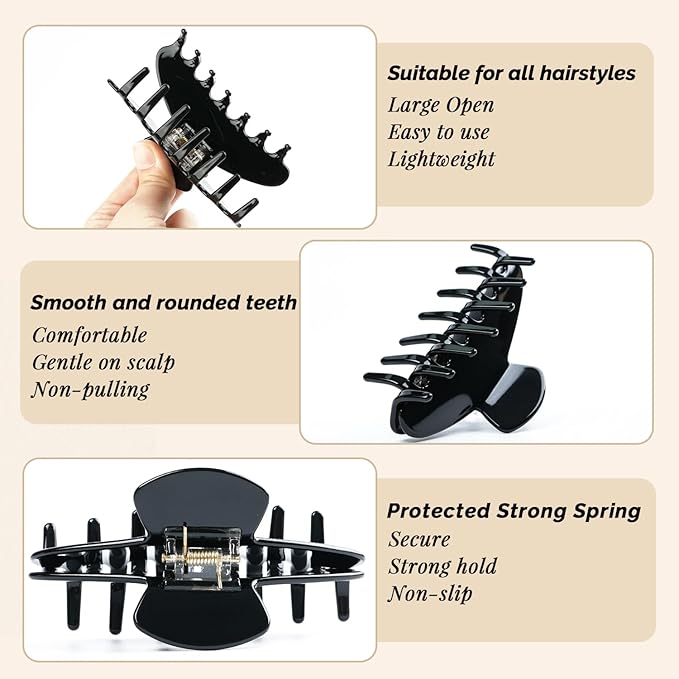 MAORULU Cute Claw Clip for Women – 4'' Large Acetate Hair Clips for Thick Thin Curly Long Hair, Durable Hair Clamps Non-slip Jaw Clip, Strong Hold, Stylish French Design (Solid Black)