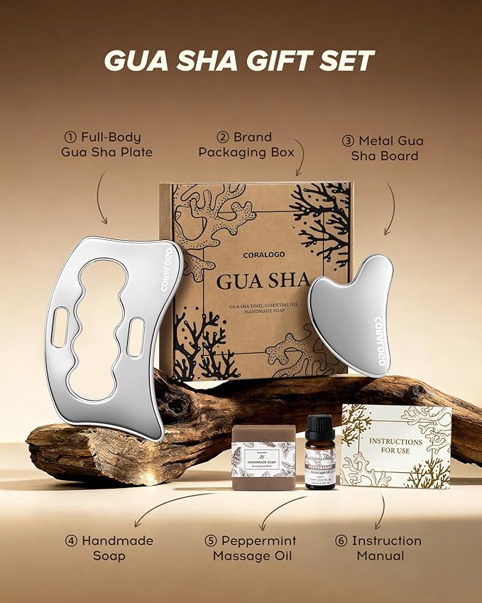 Coralogo Stainless Steel Gua Sha Tools - 4pc Skin Care Tools Set with Gua Sha Oil, Soap, Muscle Scraper for Face Massaging Body Relaxing, Self Care Gift for Her Birthday Valentine's Day