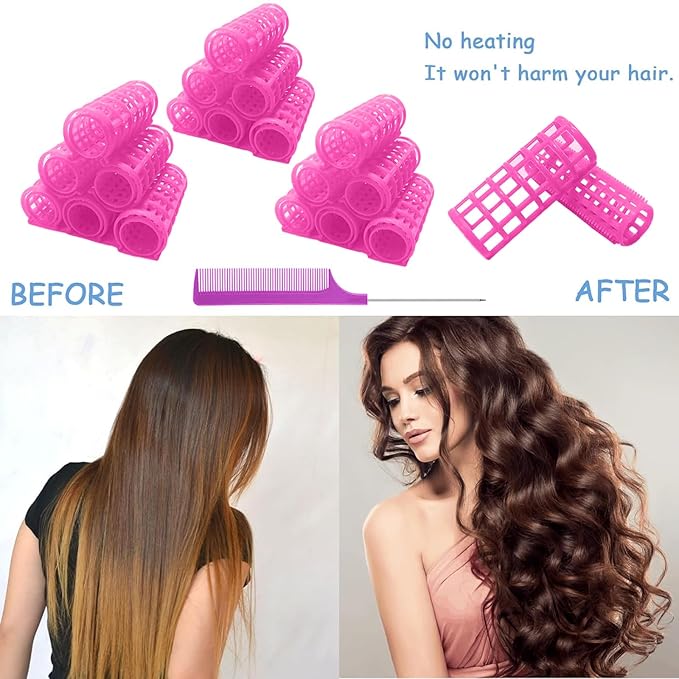24PCS Plastic Hair Rollers Set 2.0cm/0.8in Heatless Rollers Hair Curlers Snap on Rollers Self Grip Rollers Hairdressing Curlers Tools for DIY Hairdressing Hair Salon (Pink)