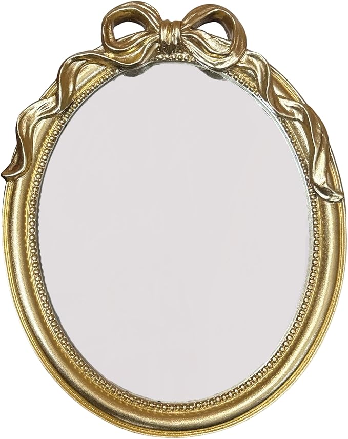 Vintage Vanity Desk Mirror - 13x10 Inch Wall-Mounted & Tabletop Decorative Ornate Gold Accent Retro Makeup Mirror for Bedroom Dresser Bathroom Living Room Dorm Oval