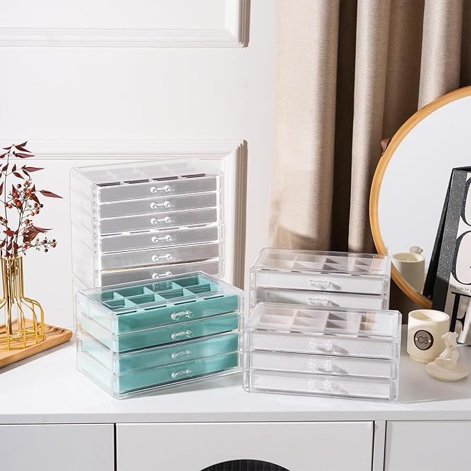 Lolalet Earring Holder Organizer Box Jewelry Storage with 4 Drawers, Clear Acrylic Stackable Earring Case with Adjustable Velvet Trays for Women on Dresser Vanity -Grey, 4 Layers