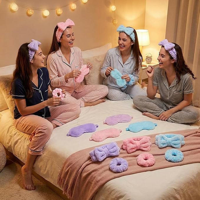 Mimorou 48 Pieces Galentine Spa Party Supplies 12 Spa Headband 12 Plush Sleep Eye Mask 12 Velvet Scrunchies 12 Organza Bags for Sleepover Slumber Party Favors Valentine Gift(Pink,Blue,Purple)