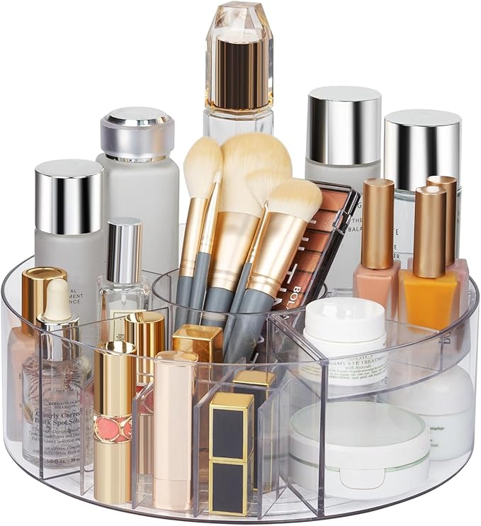 360° Rotating Makeup Organizer, 10" Clear Turntable Lazy Susan Organizer for Vanity, Bathroom Counter, Cabinet, Spinning Cosmetic Storage Holder with 6 Dividers for Skincare, Makeup Brushes, Lipsticks