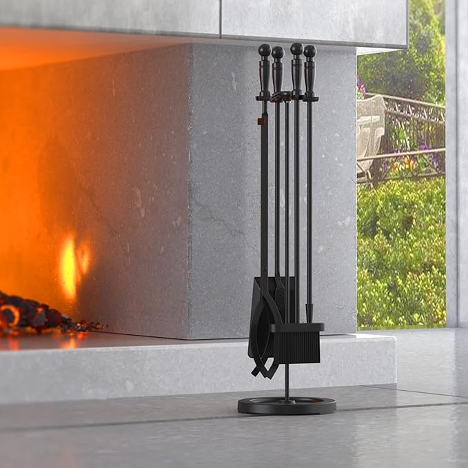 Fire Beauty Fireplace Tools Set 5 Pieces Wrought Iron Fire Place Pit Poker Holder 31" H (Black)