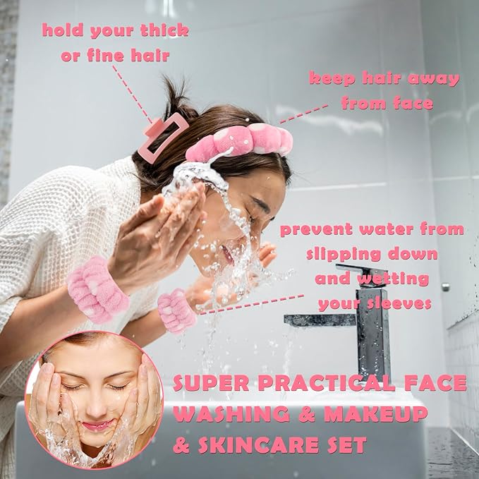 Canitor Spa Headbands Wrist Band Set with Hair Clip Skincare Headbands for Washing Face Non Slip Puffy Makeup Headband Wrist Towel Cute Preppy Teen Girl Birthday Gifts Trendy Stuff