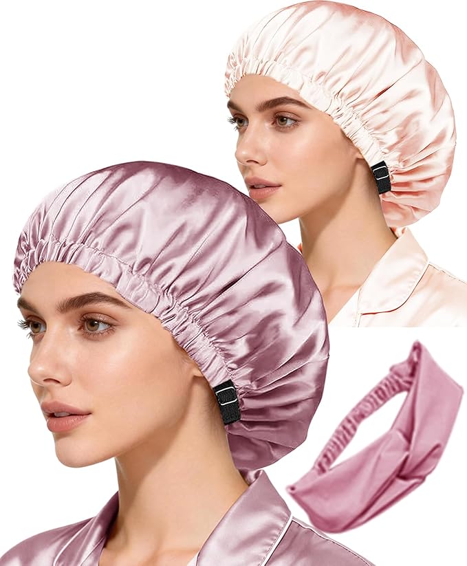 Hair Bonnets 3Pcs Satin Bonnet For Sleeping Silky Bonnets Womens Silk Bonnet Night Caps Curly Hair Sleep Cap For Women
