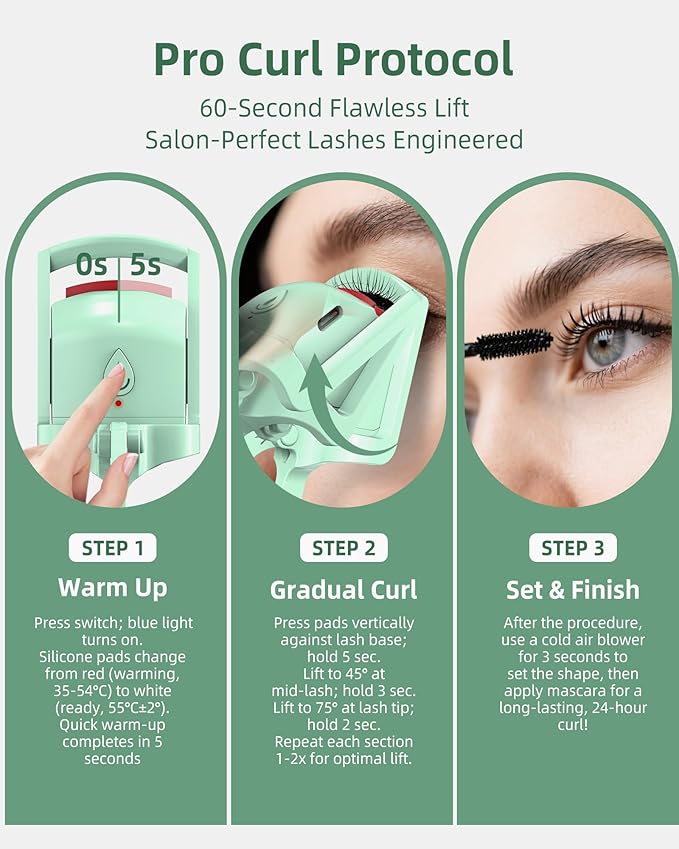 Heated Eyelash Curler, 5s Fast Heating Electric Eyelash Curler, Safe Anti-Burn Eyelash Curlers with Silicone Pad, Type-C Quick Charge, Intelligent Temp Control, 24H Long-Lasting Curls (Green)