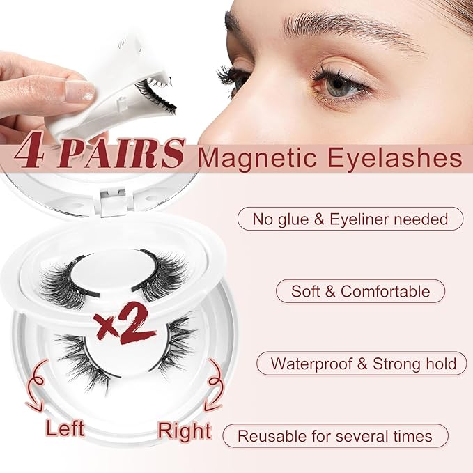 Higu clace Magnetic-Eyelashes with Applicator 4 Pairs Magnetic-Lashes Natural Look Wispy Magnet Lashes Easy to Wear and Remove（DJCX-A08)