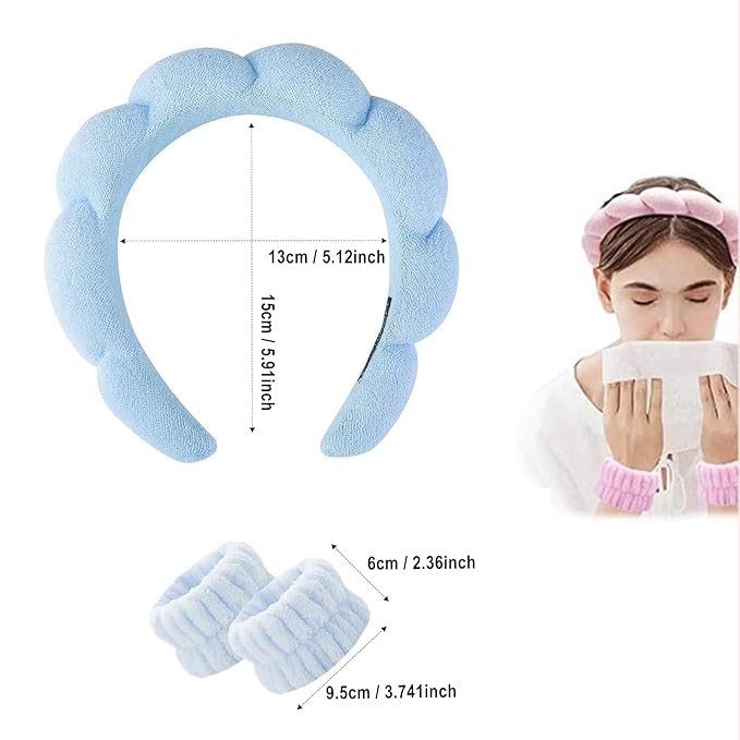 Spa Headband and Wristband Set for Women,Terry Cloth Sponge Headband for Washing Face,Makeup,Facial Mask and Skincare (Black,Blue, One Size)
