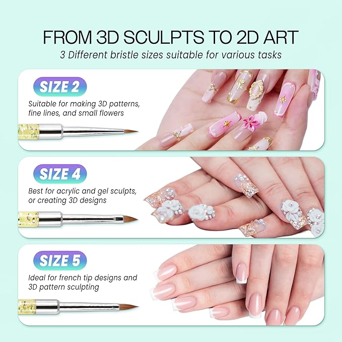 PANA Kolinsky 3D Acrylic Nail Brushes with Liquid Glitter Handle - For Professional Acrylic Powder Liquid Manicure Pedicure (Rainbow Color, Size #5)