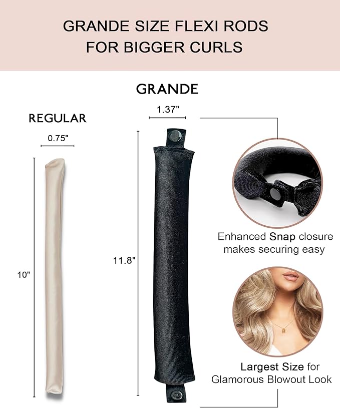 Grande Heatless Curls Overnight Rods No Heat Hair Curlers to Sleep Jumbo Foam Large Hair Rollers for Long Short Hair Heatless Curling Rod Set with Satin Wrap for Sleeping Black