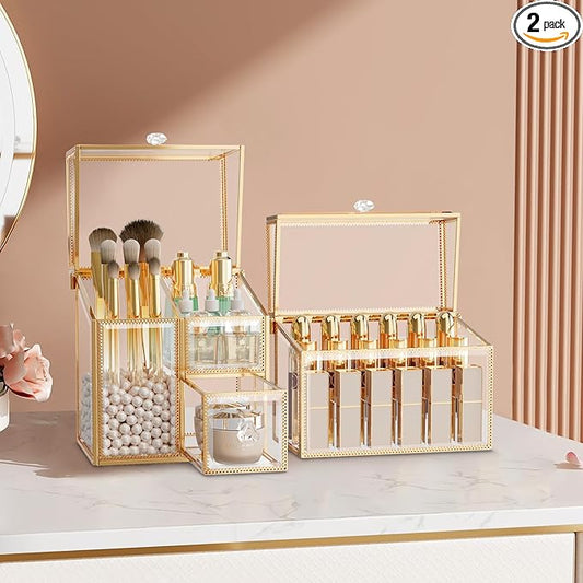 Glass Makeup Organizer Set – Vanity Organizer with 18-Slot Lipstick Organizer & Makeup Brush Holder with Lid – Skincare, Perfume & Cosmetic Storage for Bathroom or Dresser