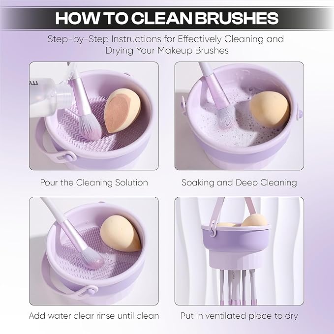 Makeup Brush Cleaner Mat 3 in 1 and Makeup Sponge Holder set - Make Up Brush Cleaner Cleanser and Make Up Sponge Holder - Limpiador de Brochas de Maquillaje (Pink)