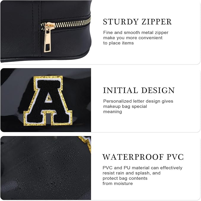 YOOLIFE Initial Travel Essentials Makeup Bag, Skin Care Clear Toiletry Bag Pouch Cosmetic Bag Case Large Makeup Bag Personalized Birthday Gifts for Women Valentines Gifts for Her Wife Black J
