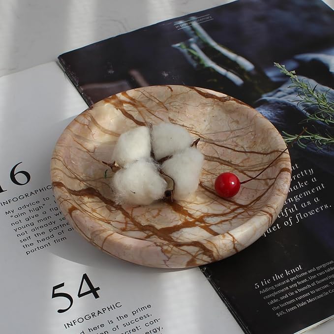 Natural Travertine Marble Jewelry Dish 5.5", Trinket Dish for Ring Earring, Gift for Woman Daugther(Pink Marble)