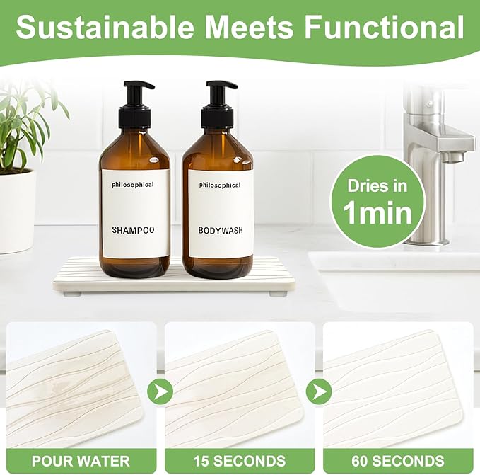 Water Absorbing Stone Tray for Bathroom Sink Stone Drying Mat for Kitchen Counter Diatomite Sink Soap Dispenser Trays Quick Dry Mat Kitchen Decor Diatomaceous Earth Vanity Tray Bathroom Accessories