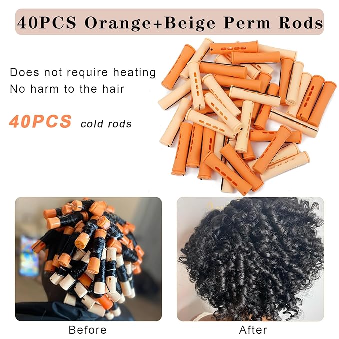 40PCS Perm Rods Set,Orange Perm Rods For Short Hair 2 Sizes Plastic Cold Wave Rods For Hair Styling Hairdressing Tools(40PCS,Orange+Beige)