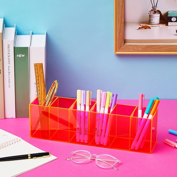 Jetec Acrylic Pen Holder 6 Compartments Makeup Brush Stationery Organizer Pencil Holder for Desk Accessories, Cosmetic Brushes, Dorm, Home, Bathroom, Kitchen, Office Supplies(Neon Pink)